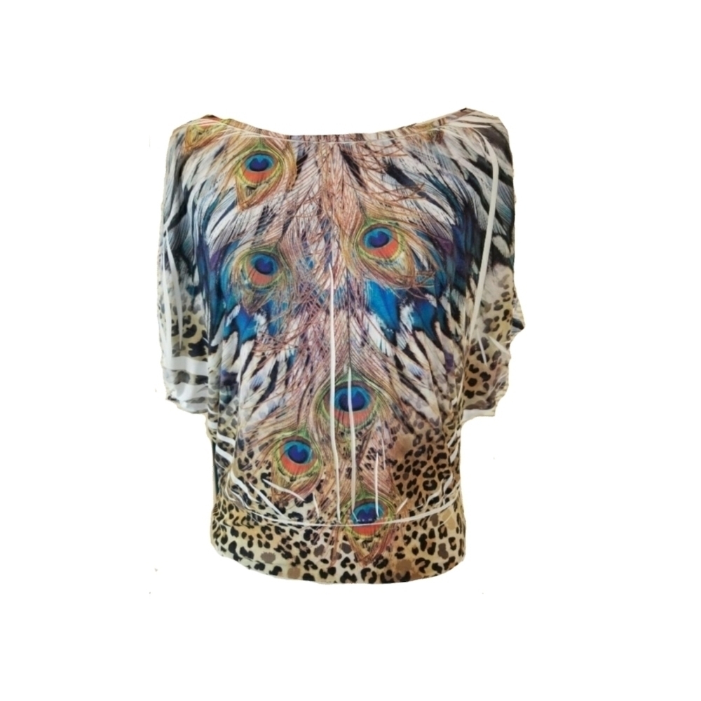 Peacock Bird Print Blouse Short Sleeve Top